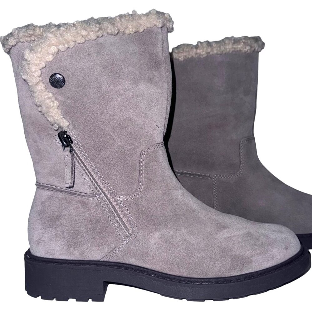Clarks Womens Suede Shearling Lined Mid-Calf Boots Size 7W Tan Opal Zip Pebble